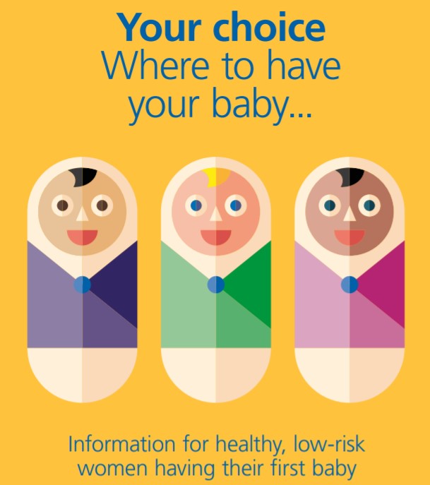 Cartoon images of three babies on a yellow background with the text: Where to have your baby... information for healthy, low-risk women having their first baby.