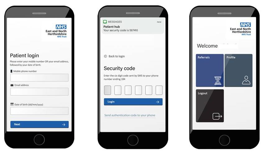 Images of the patient hub screens on a mobile phone